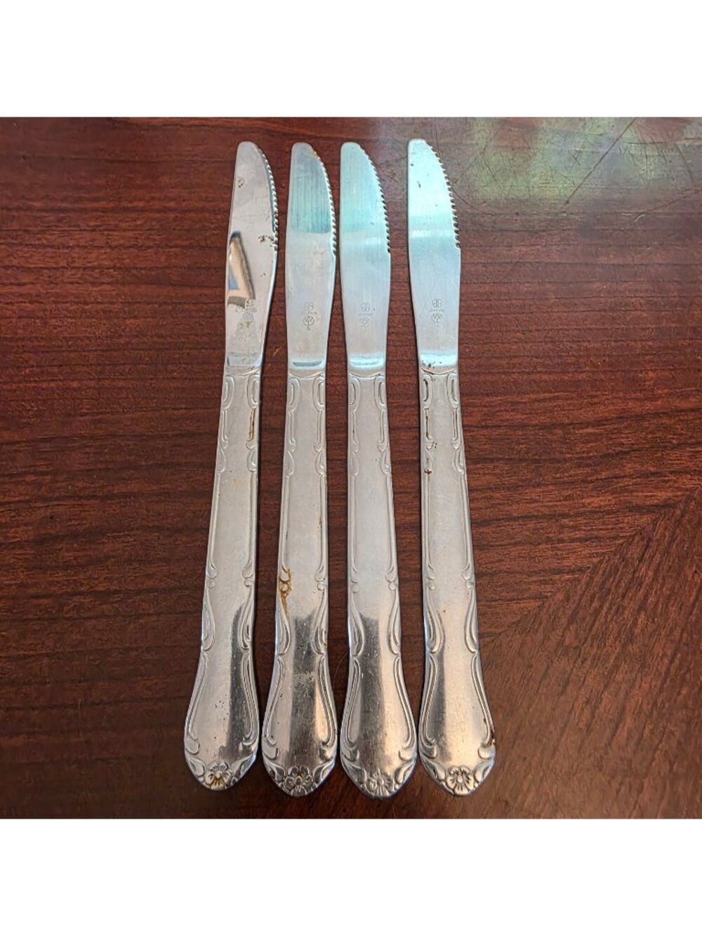Set Of 4 Vintage Stainless Steel Serrated Knives Floral Handle Japan 8"  Delco